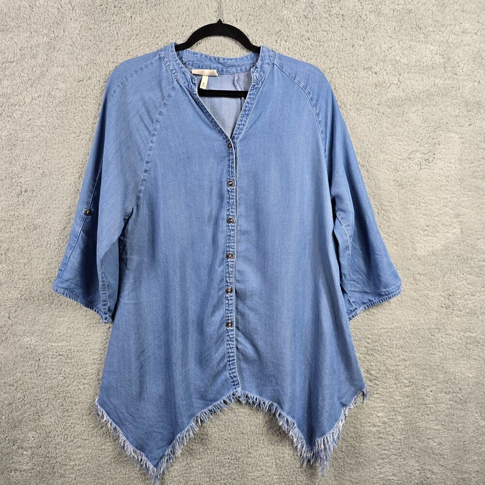 Hester & Orchard Womens Top Medium Tencel Chambray Asymmetrical Hem Fray Western